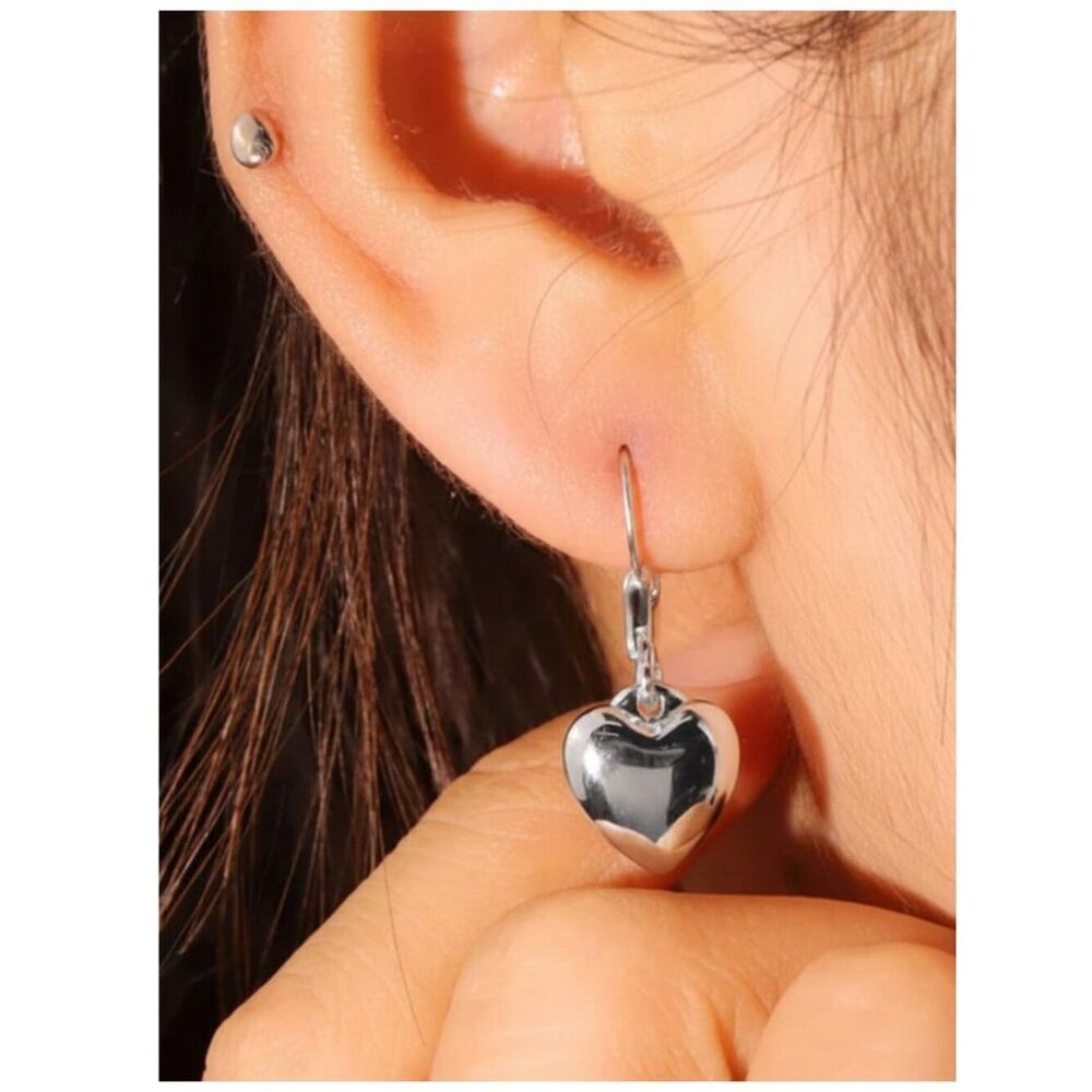 NWT Silver Plated Puffy Heart Dangle Leverback Earrings Silvertone